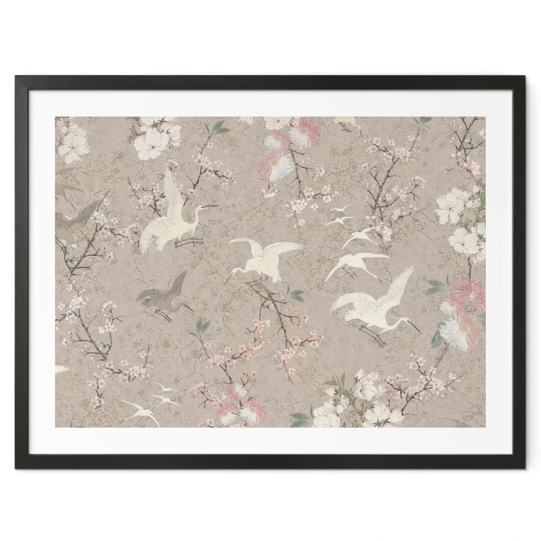 Vogelposter Kraniche im Kirschblüten-Rausch Beige - Bloomery Decor 