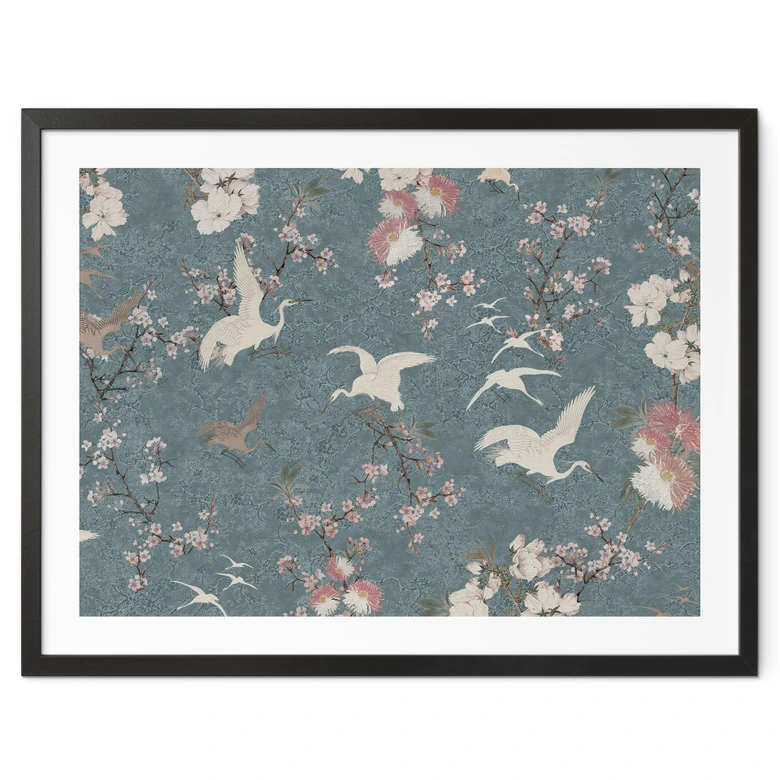 Poster Kraniche im Kirschblüten-Rausch Blau - Bloomery Decor 