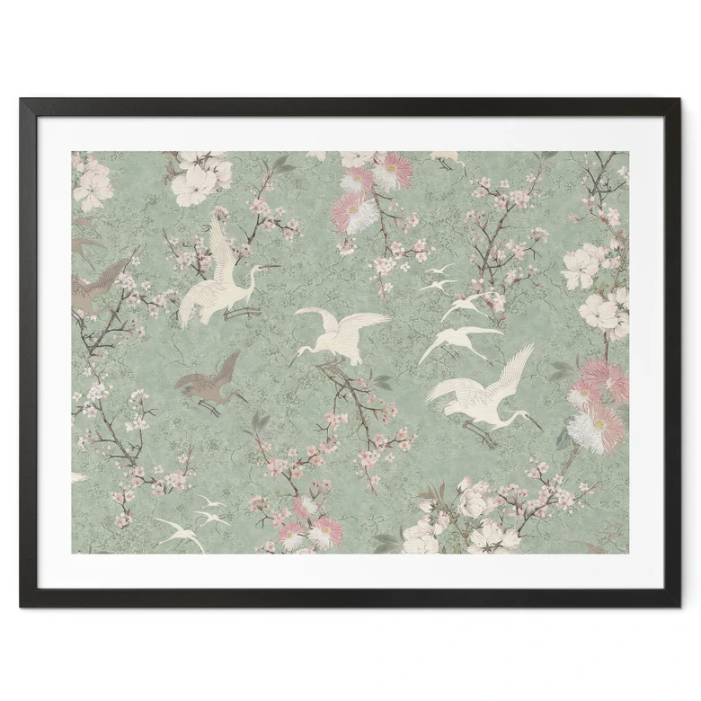 Poster Kraniche im Kirschblüten-Rausch Grün - Bloomery Decor 