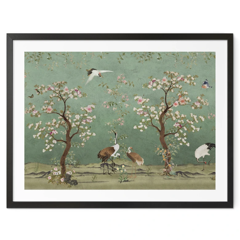 Poster Kraniche in floraler Landschaft - Bloomery Decor 