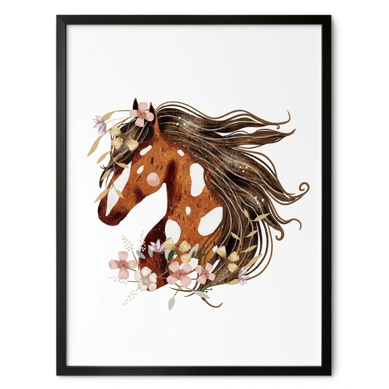 Boho paardenhoofd poster met bloemenkrans | paardenmotief voor de kinderkamer 