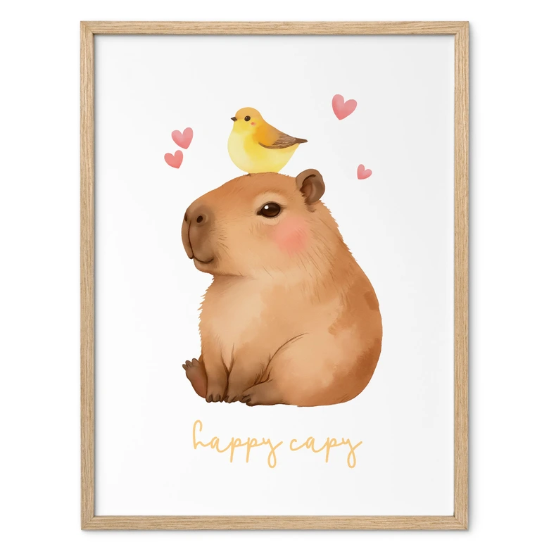 Póster para niños - Capibara con pájaro - Happy Capy 