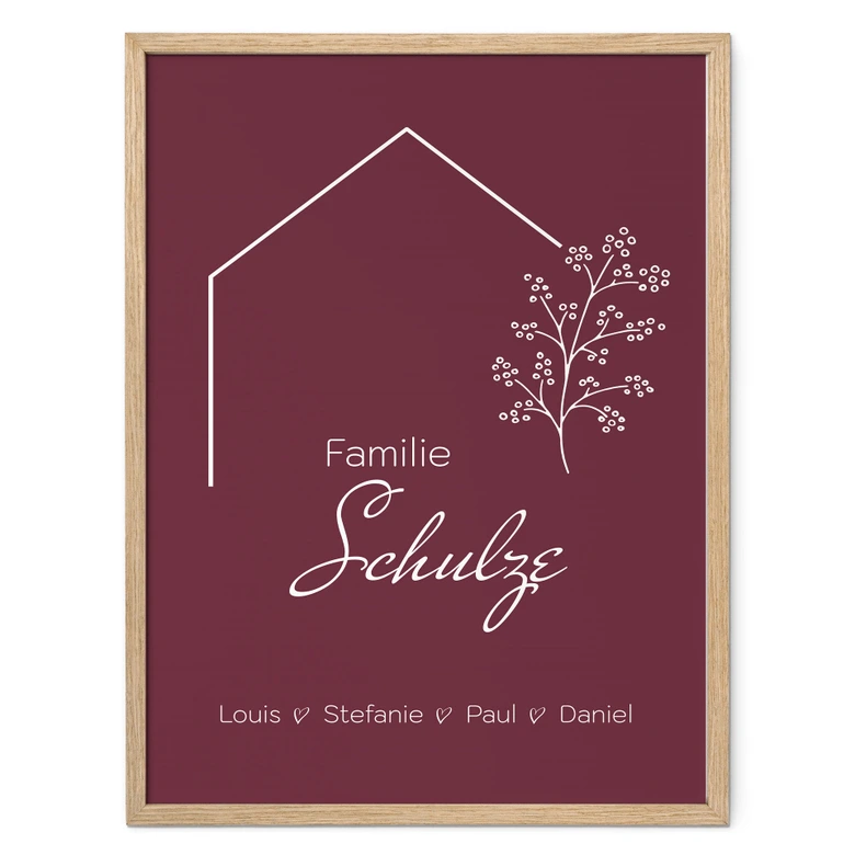 Personalisierbares Poster Familie Haus - weinrot 