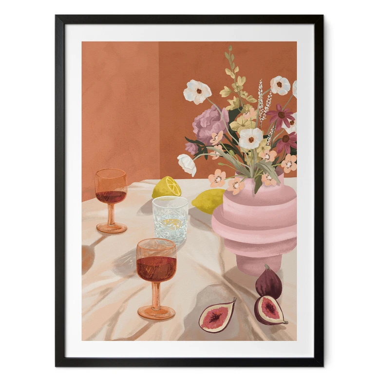 Poster Sommer Stillleben mit Blumen und Wein - Goed Blauw 