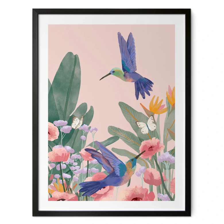 Poster Zwei Kolibris auf der bunten Blumenwiese - Goed Blauw 