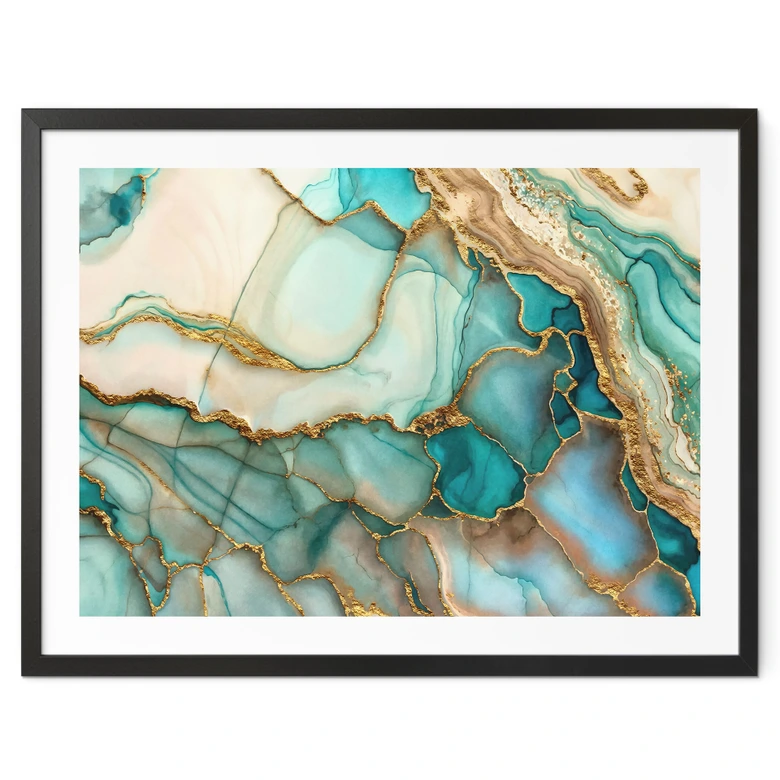 Poster Marmorierte Wellen in Türkis und Gold | Wandkunst für Wohnzimmer - Haase 
