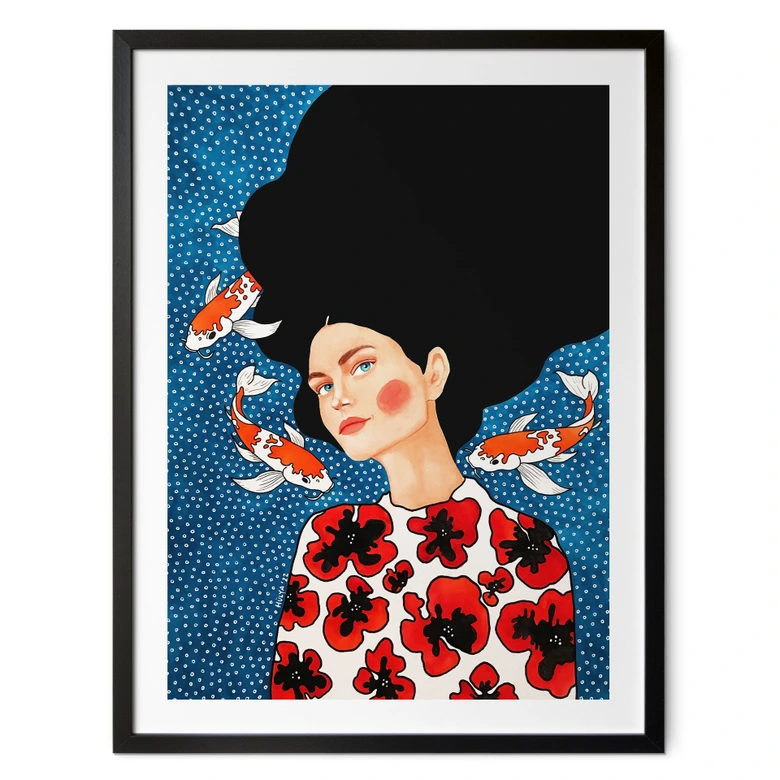 Poster Frau im Blütenkleid mit Kois - Hülya 