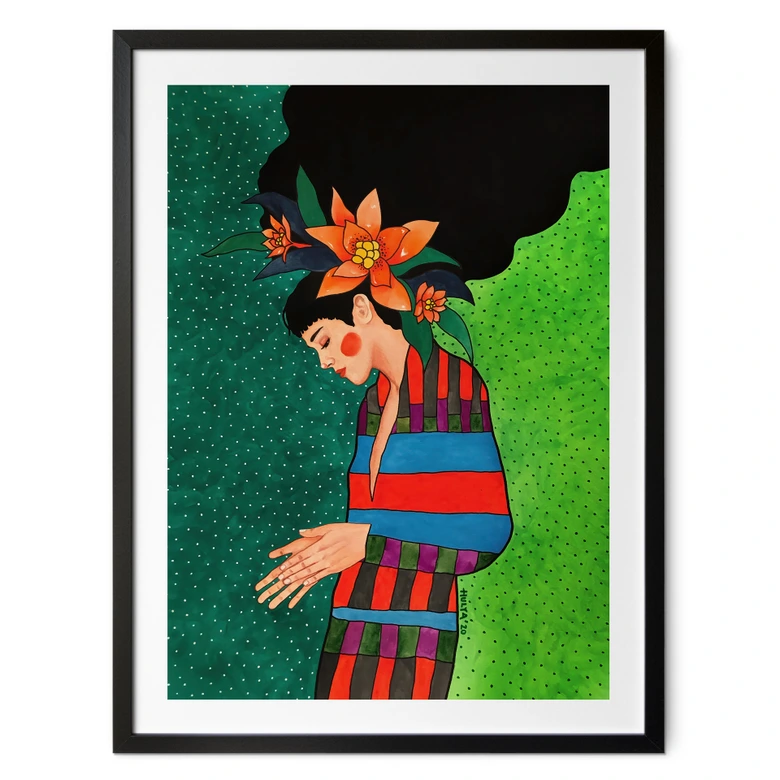 Poster Frau im Streifenkleid mit orangen Blüten - Hülya 