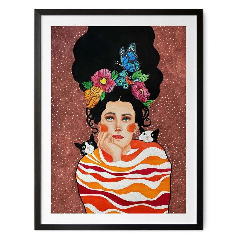 Poster Frau mit Blumenkrone und Katzen - Hülya 