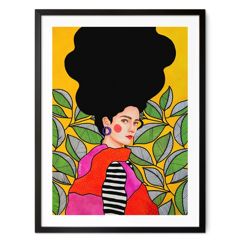 Poster Frau mit grün-weißen Blättern - Hülya 