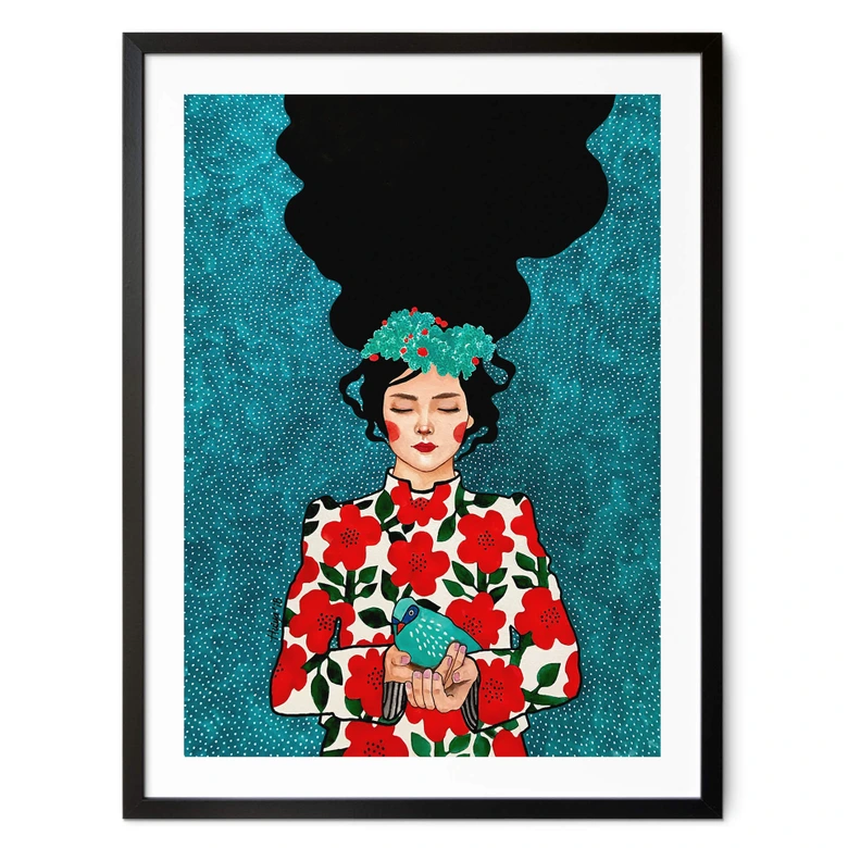 Póster mujer con pajarito en las manos - Hülya 