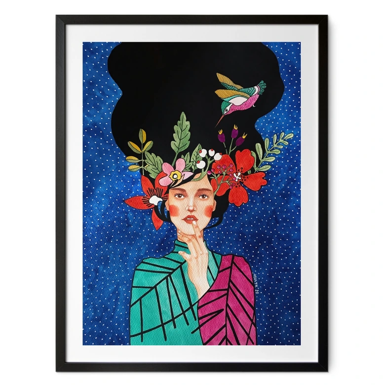 Poster Frau mit Kolibri in der Sternennacht - Hülya 