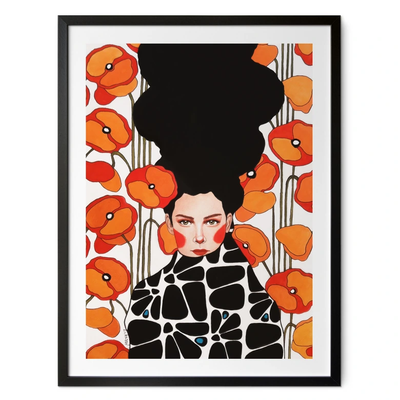 Poster Frau mit Retro-Mohnblumen | Porträtkunst für das Wohnzimmer - Hülya 