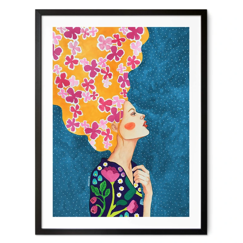 Poster Frau mit rosa Blüten im Haar - Hülya 