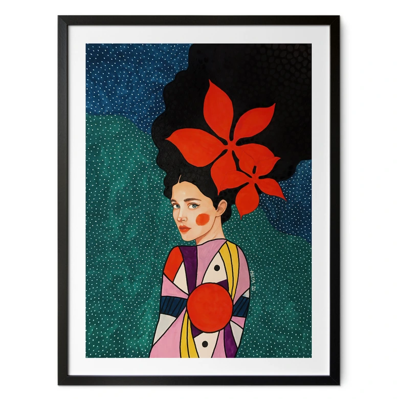 Poster Frau mit roten Blüten und Musterkleid - Hülya 
