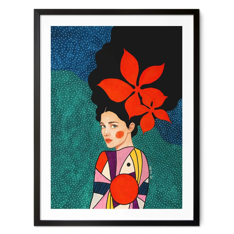Poster Frau mit roten Blumen im Haar - Hülya 
