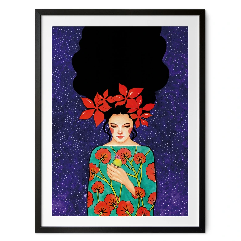 Poster Porträt - Frau mit roter Blütenkrone und Vogel - Hülya 