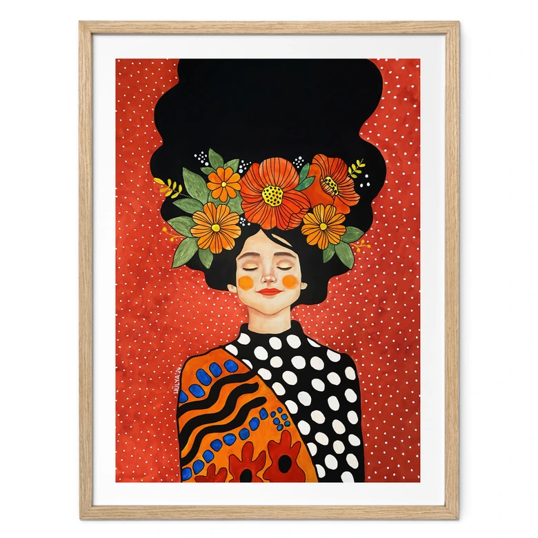 Poster Lächelnde Frau mit orangen Blumen - Hülya 