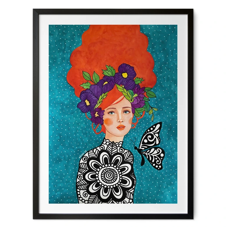 Poster Frauenporträt - Schmetterlingsfrau mit Blütenkranz - Hülya 