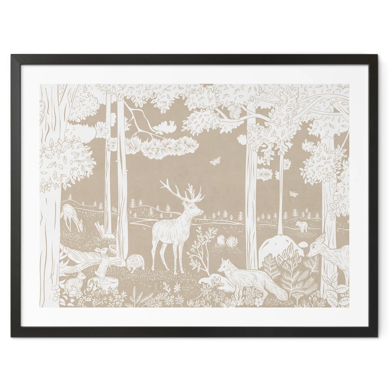 Poster Herbstlicher Wald mit Hirschen und Füchsen - Braun - Kikki Belle 