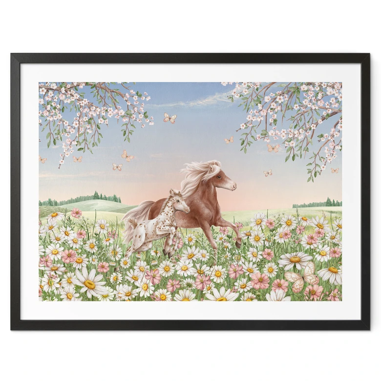 Heste i blomsterengen plakat - Kikki Belle 