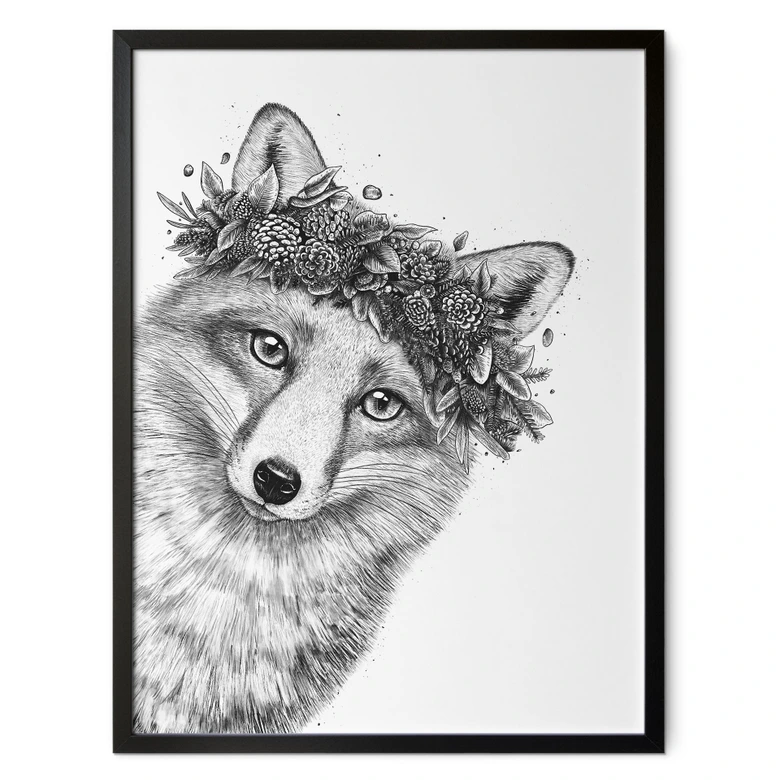 Póster Zorro blanco y negro con corona de flores - Korenkova 