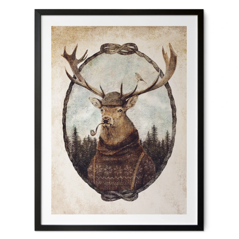 Plakat vintage hjort med pibe | dyreportræt til stuen - Koubou 