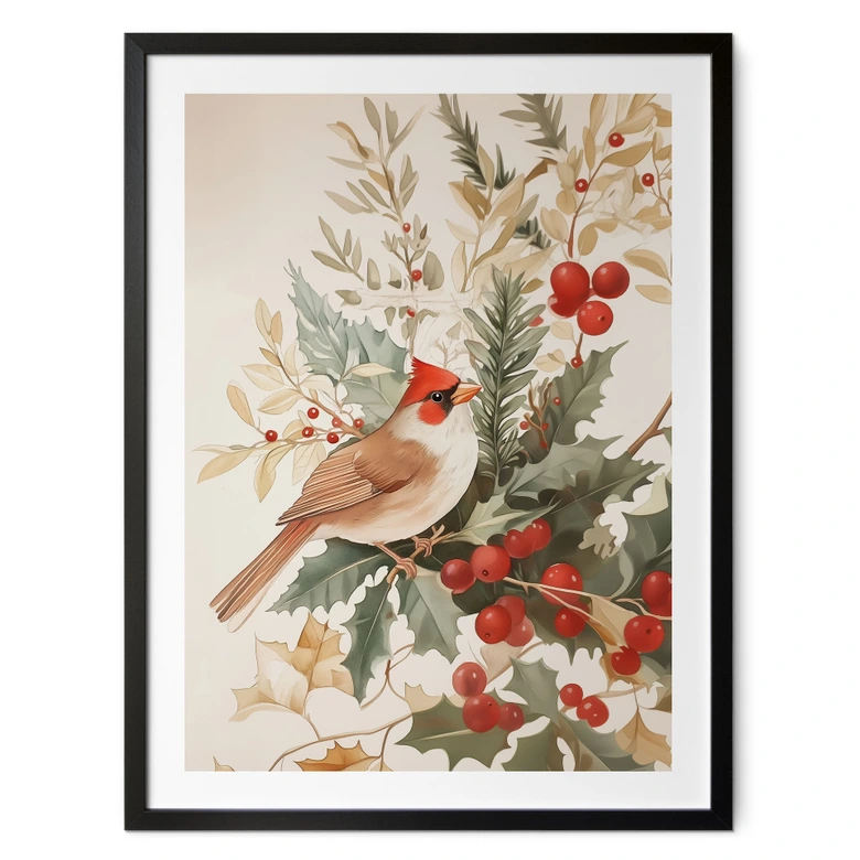 Poster Wintermotiv - Kardinalsvogel mit Beerenzweig - Melloi Art Prints 