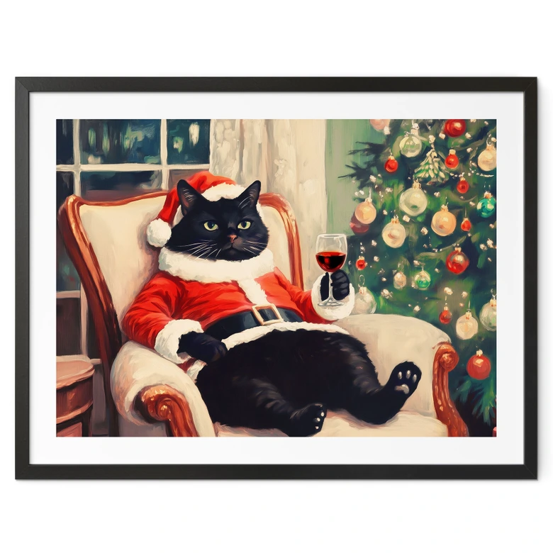 Poster humoristique Chat de Noël avec vin - Melloi Art Prints 