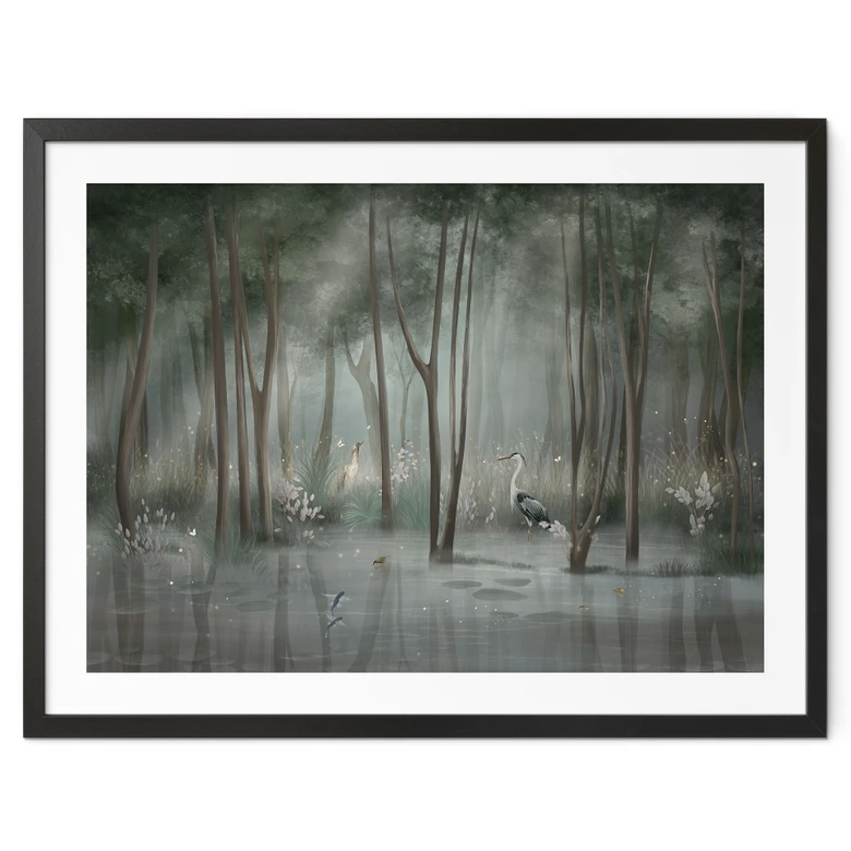 Poster Nebelwald am See mit Reiher in Grün - Ms Tiff 