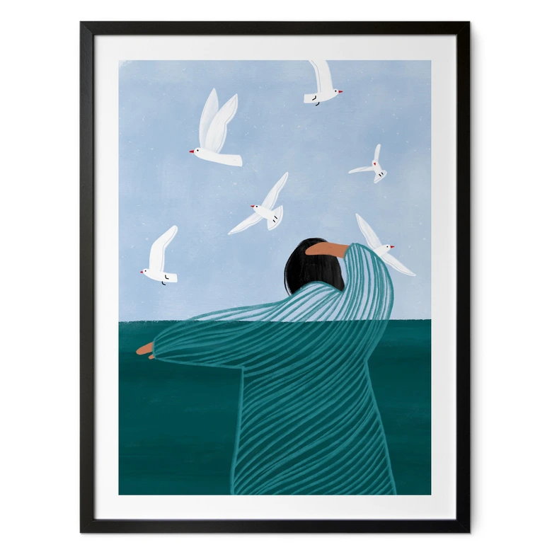 Poster kvinna med fiskmåsar vid havet - Müller 