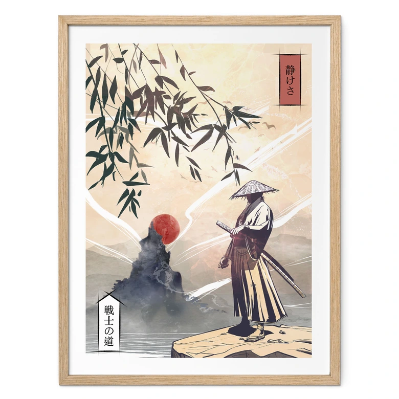 Plakat Samuraja z mieczem przed wschodem słońca - Roze 