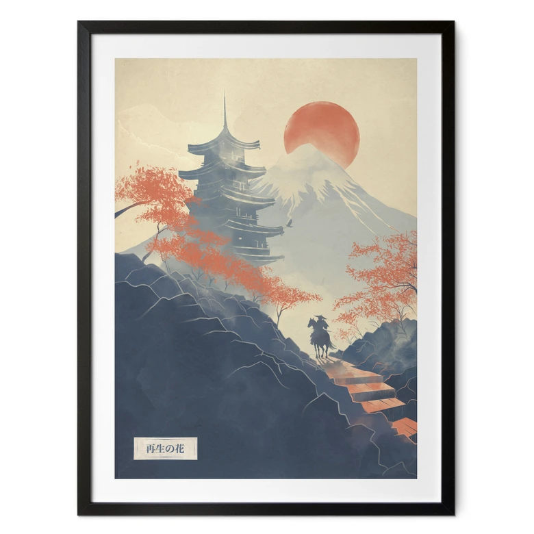 Poster Sonnenaufgang über der Pagode | Vintage Kunst Japan - Roze 