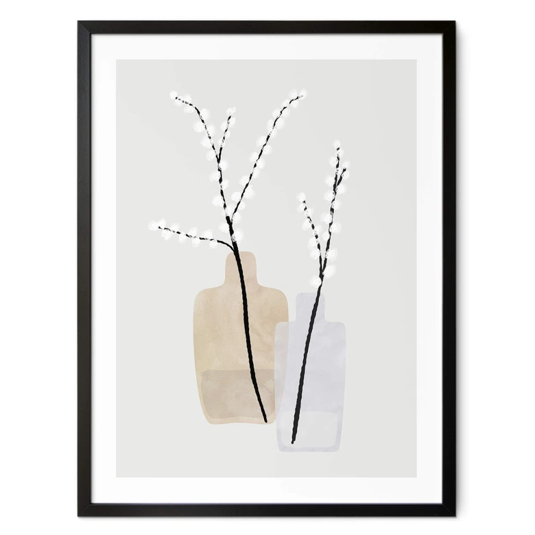Poster Blursbyai - Zwei Vasen mit Weidenzweigen in Pastelltönen 