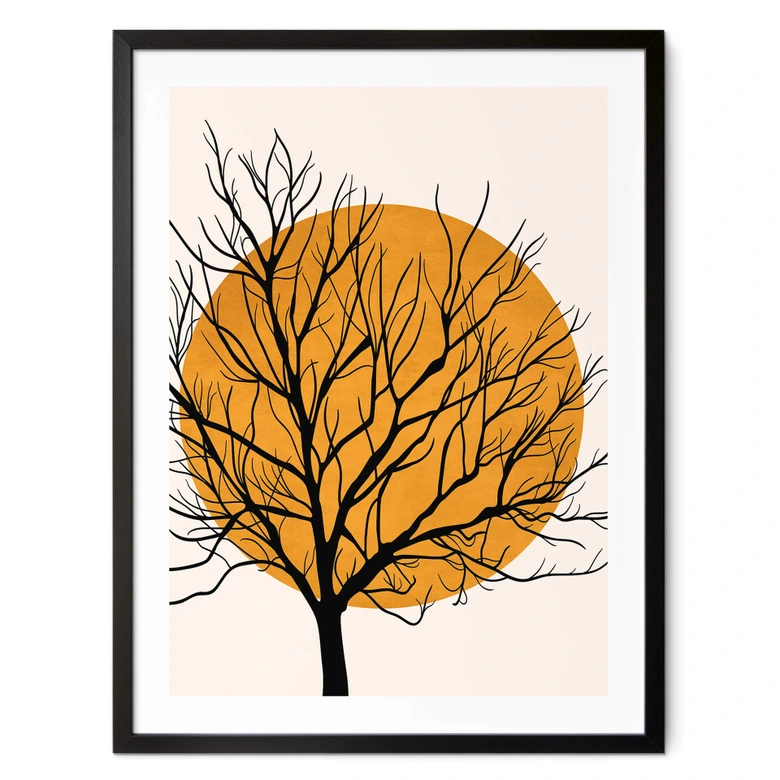 Poster Kubistika - Goldene Sonne hinter einem Baum 