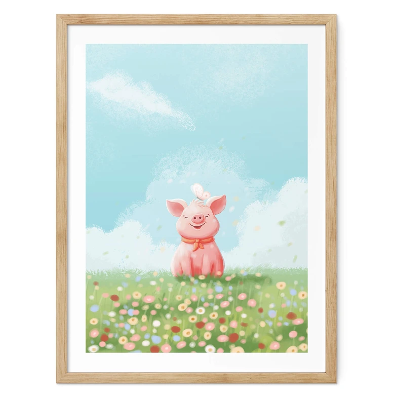 Poster Thaï - Petit cochon joyeux dans la prairie d'été 