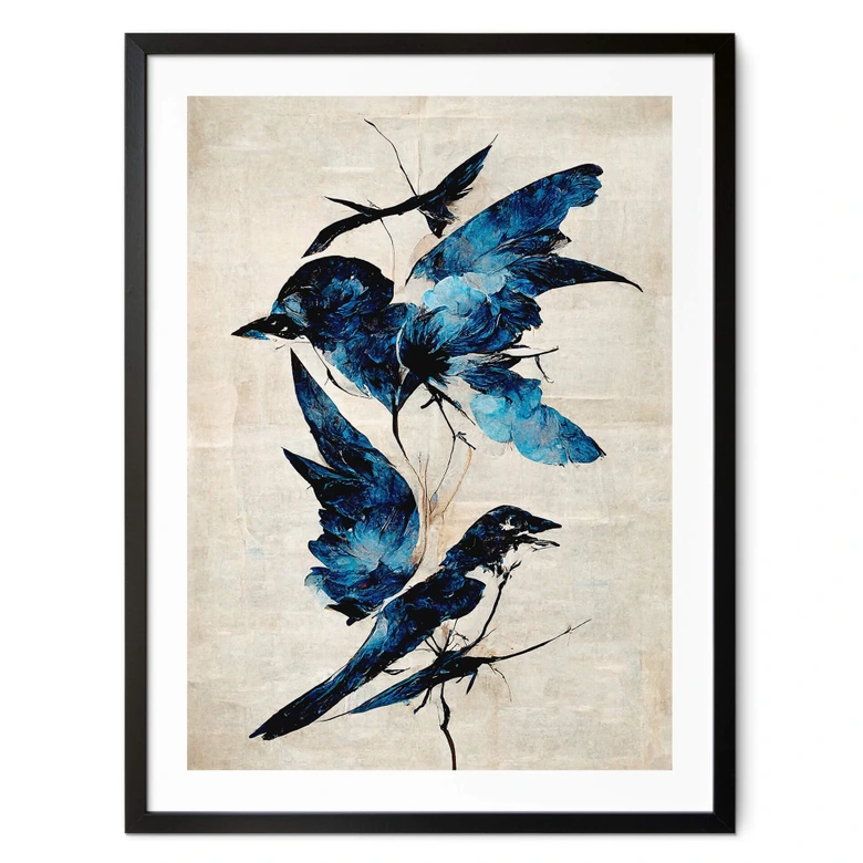 Poster Treechild - Himmelsvögel in schimmerndem Blau 