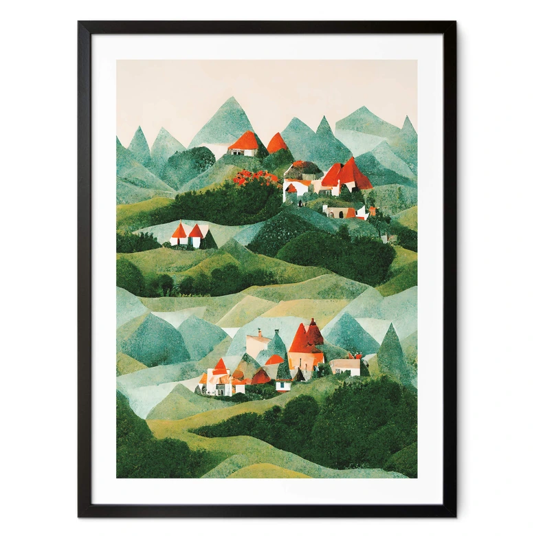 Kinderposter Treechild - Kleines Dorf inmitten grüner Hügel 
