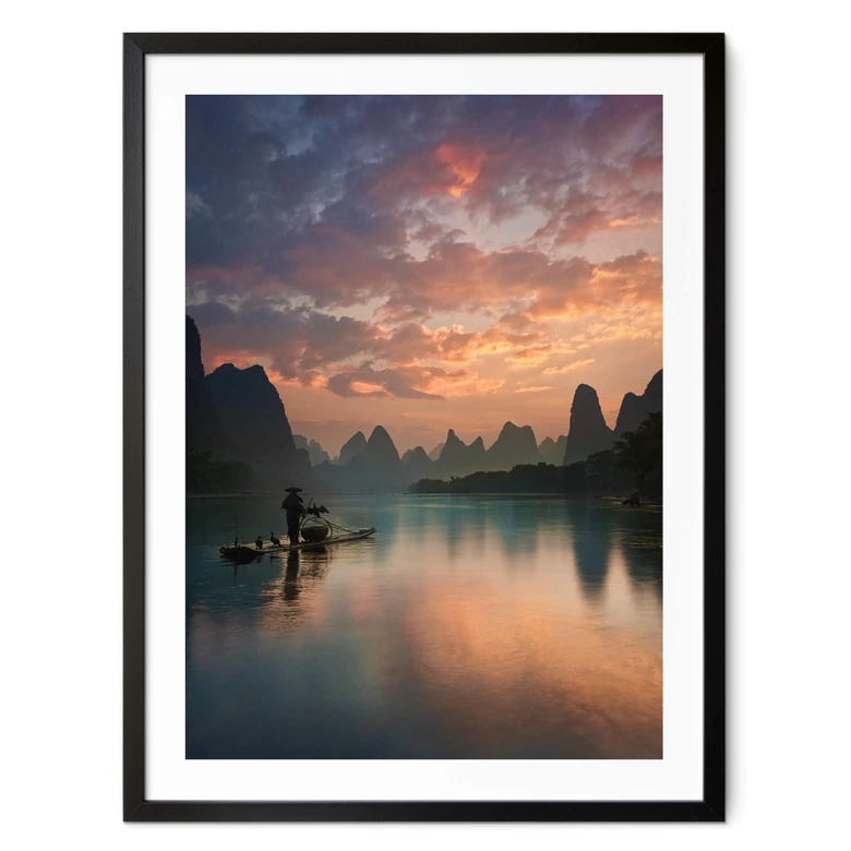 Poster Zhang - Asiatische Flusslandschaft in der Abenddämmerung 