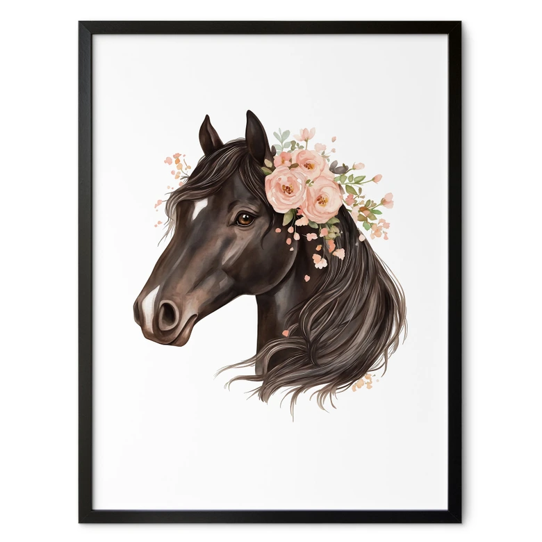 Póster boho negro de caballos con rosas | Póster infantil para amantes de los caballos  