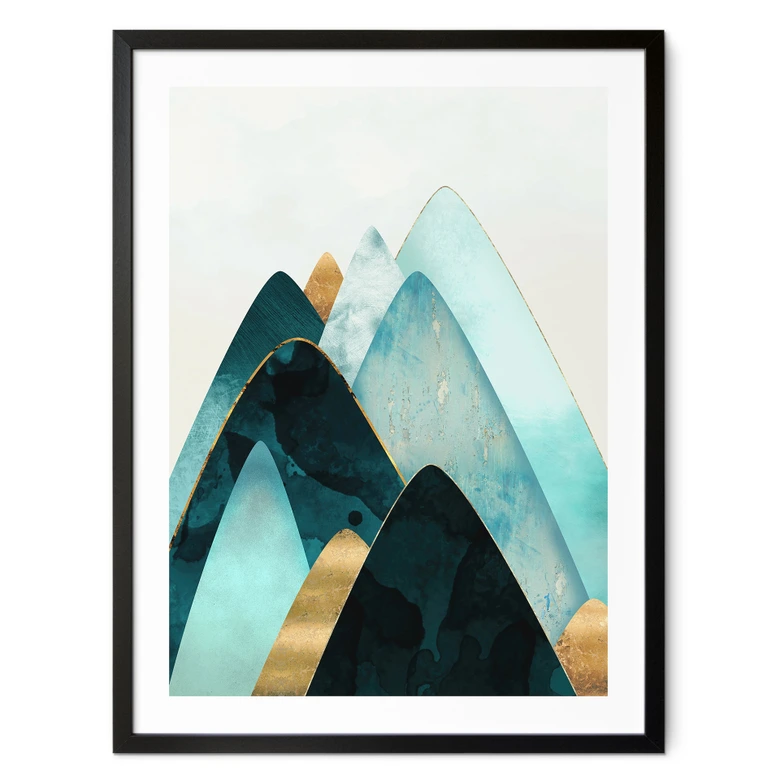 Poster Abstrakte Berge in Gold und Blau - SpaceFrog Designs 