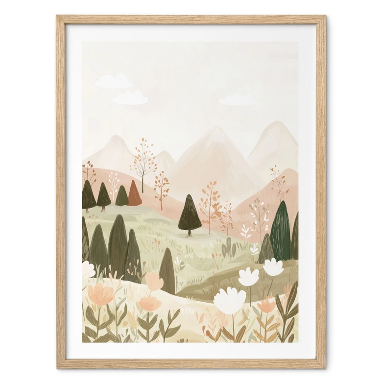 Poster pastellfärgat bergslandskap med blommor - Treechild 