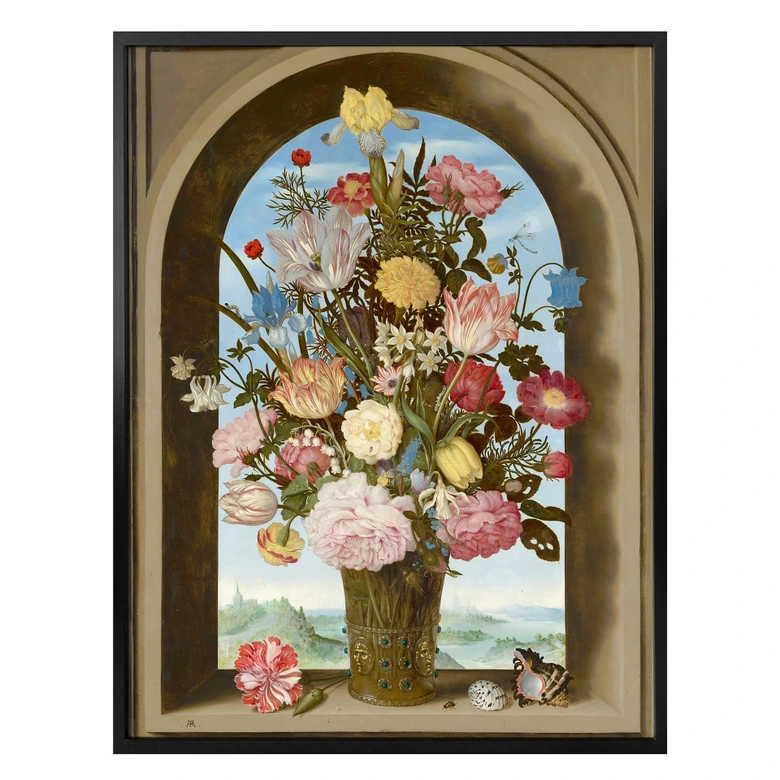 Poster Vaas met bloemen voor een raam 
