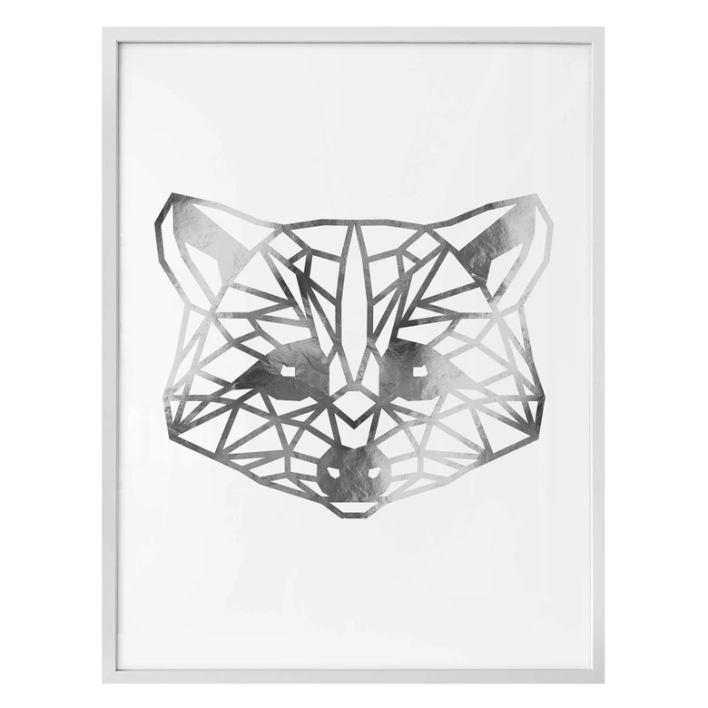 Poster - Origami Waschbär - Silber-Optik 