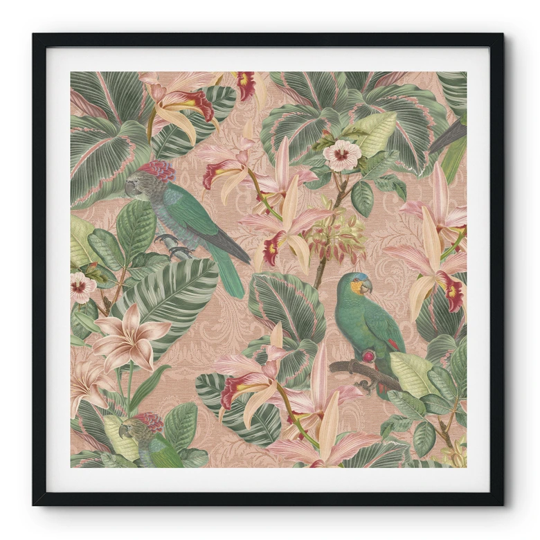 Póster Botánica Jungla con Loros Rosa - Decoración Floral - Cuadrado 