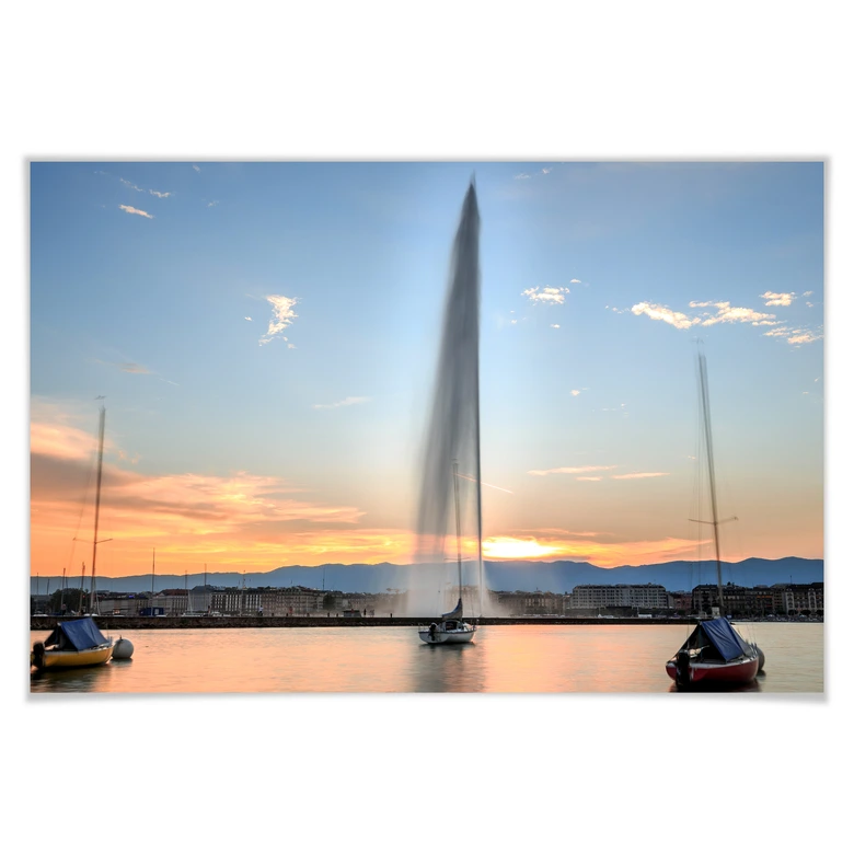 Poster Wasserfontäne im Genfer Sonnenuntergang 