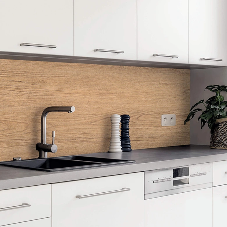 Küchenrückwand Spritzschutz Holzoptik Eiche - Folie oder Aluverbund 