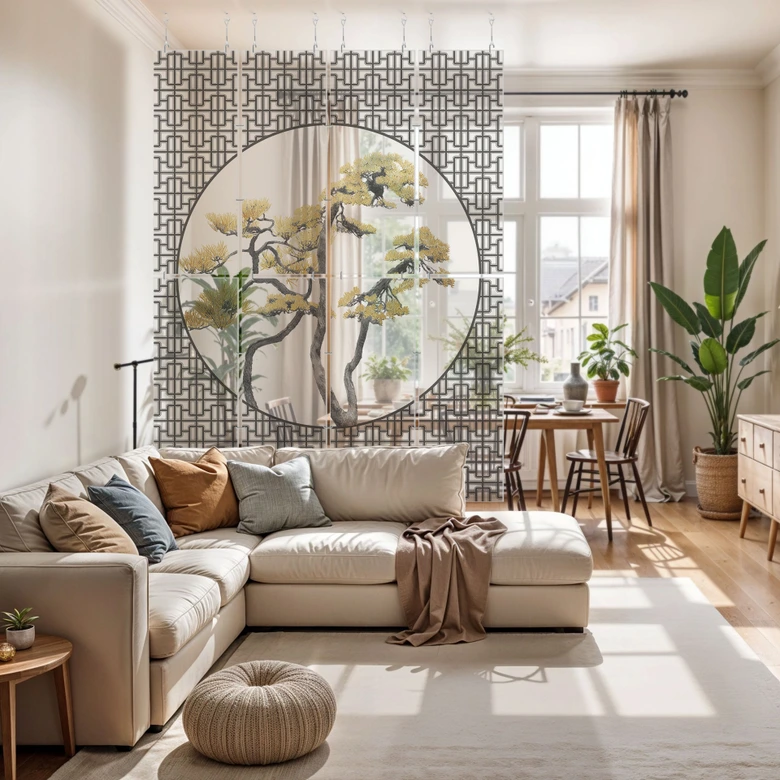 Séparation de pièce, paravent, paravent suspendu Bonsaï en fleurs - Amini 