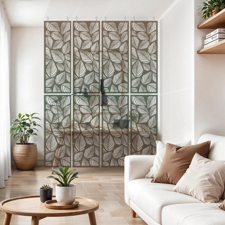 Séparation de pièce, paravent, paravent suspendu Feuilles d'automne - Ombre brun-vert 