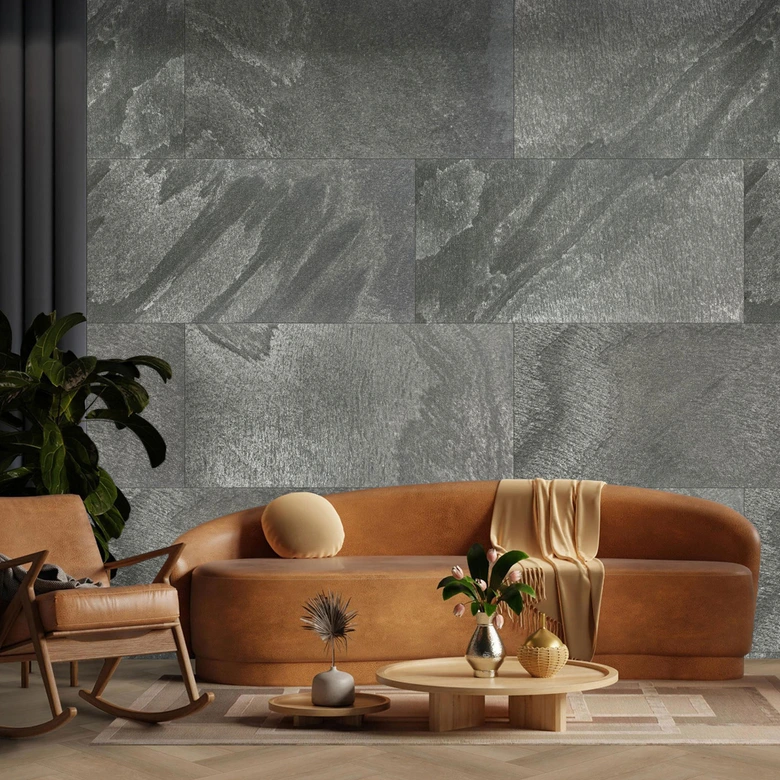 Echtstein - 3D Wandpaneel, Set aus 6 Natursteinplatten als luxuriöse Wandverkleidung - Schiefer Grau 